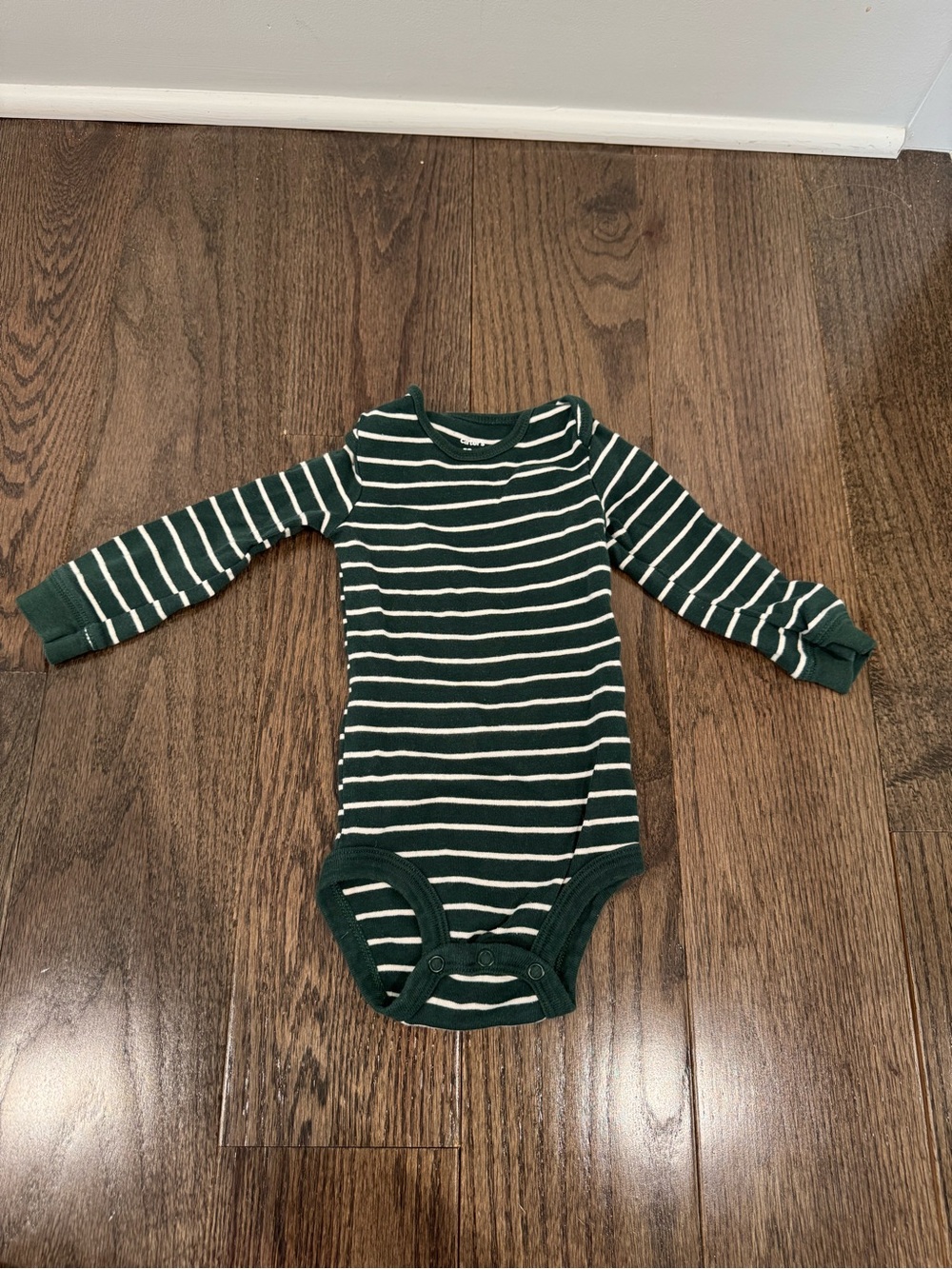 Carters 12 mo. Striped Green & White Long Sleeve Baby One-Piece